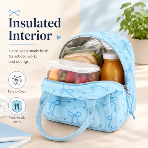 LEDAOU Lunch Box for Women Insulated Lunch Bag Corduroy Lunch Tote Bags Leakproof Cooler Lunch Case for Travel Work Picnic (Bow Tie Blue)