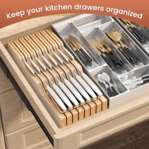 In-Drawer Knife Block Organizer - Bamboo Wood Drawer Knife Organizer-Protecting Knife Organizer Block (Not Included) (White, 15 Knives Dock)