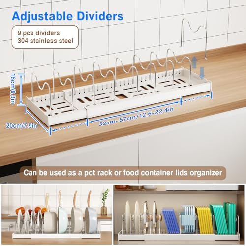 Mustorn Pots and Pans Organizer Under Cabinet, 22" Expandable Food Storage Container Lid Organizers with 9 Adjustable Dividers Pot and Pan Lid Holders Rack Inside Cabinet/Countertop(1 Pack, White)