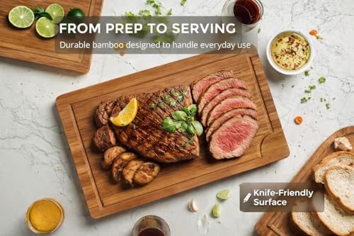 Bamboo Cutting Board Set of 3 (15"×10", 12"×8", 9"×6") – Crack Resistant Boards with Deep Juice Grooves, Handles & Care Guide – Butcher Block for Meat, Veggie & Charcuterie Board