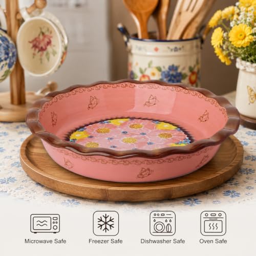 Ceramic Pie Pan for Baking, 10.6 inch Hand-Painted Pie Plate for Cooking, 37 oz Deep Dish Pie Pans, Non-Stick Pie Dishes for Apple Pie, Tart, Pizza, Quiche, Oven & Dishwasher Safe, Lead-Free, Pink