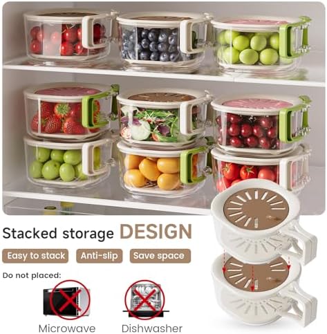 Fruit Vegetable Washing Bowl Strainer Container with Lid, Kitchen Fruit Berry Drainer Basket, Berry Keeper, Portable Fruit Colander Storage Container for Kitchen, Picnic, 2 Pack (Brown)