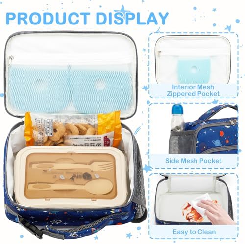 FlowFly Kids Lunch box Insulated Soft Bag Mini Cooler Back to School Thermal Meal Tote Kit for Girls, Boys, Astro&Rocket
