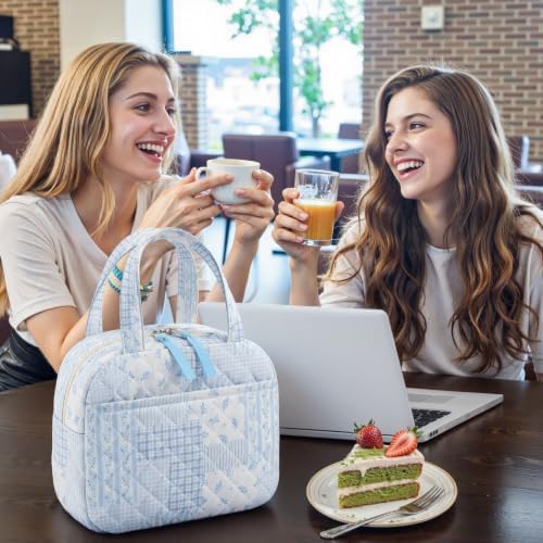 WOBAGMEN Quilted Lunch Box for Women,Coquette Aesthetic Lunch Box,Cute Blue Floral Patchwork Lunch Bags for Work,Office,Picnic,Travel(blue floral pin)