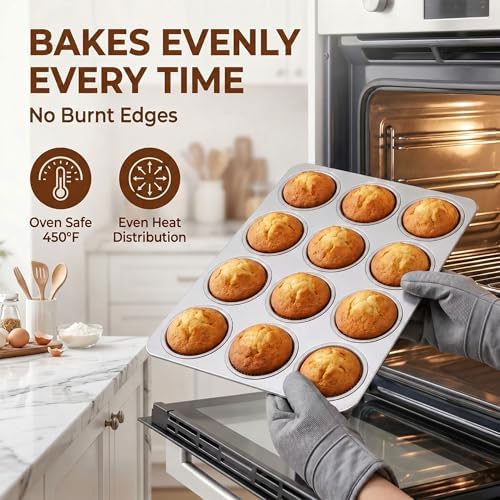 LIANYU 12 Cup Muffin Pan Tin for Baking, 4 Pack Stainless Steel Cupcake Pan