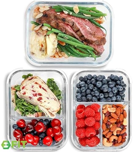 Glass Meal Prep Containers 1 & 2 & 3 Compartments, Airtight, 35 oz, 3 Pack