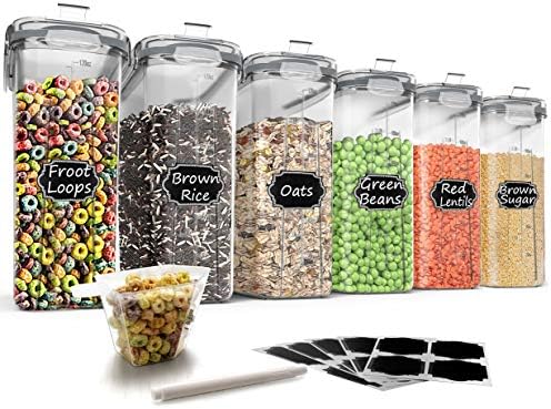 Wildone Cereal Storage Containers Set, Large BPA Free Plastic Airtight Food Storage Containers 4L /135.3oz for Flour, Sugar, 6 Piece Set Cereal Dispensers with 20 Labels & Marker, Grey