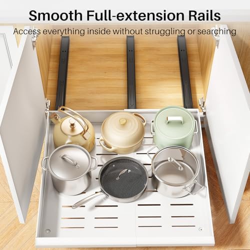 Pull out Cabinet Organizer, 4-Pack Expandable(13.6"-24") Silde out Drawers with Raising Pad for Framed Cabinets, Adjustable Full-Extension Adhesive Roll out Shelves for Kitchen Pantry Home Pot and Pan