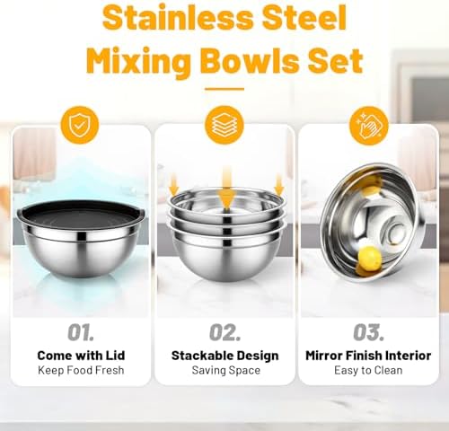 Beasea Stainless Mixing Bowls Set of 3, 4 QT Stainless Steel Nesting Mixing Bowls with Lids, Stackable Baking Bowl with for Kitchen, Food Prepping, Salad and Serving