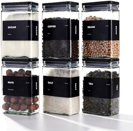 APT 1101 Glass Storage Jars with Bamboo Lid, glass canisters with airtight lids, Clear jars with lids for Spice, Cookie, Candy, Tea, Coffee Bean and Rice (Black, 26 oz, Set of 6)