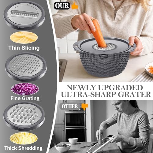 4-1 Colander with Lid Set - Rotatable Strainer With Bowl(Patented), Pasta Strainer with New Upgraded Graters, Strainer And Colanders, Fruit Cleaner, Veggie Wash, Apartment Kitchen Gadgets - Grey