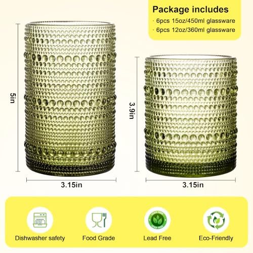 KMIGRUAN Hobnail Drinking Glasses Set of 12, 15Oz & 12Oz Cocktail Glasses