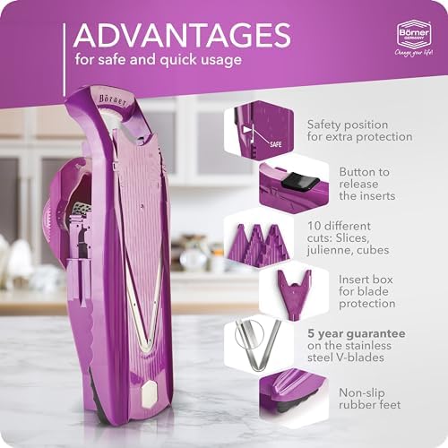 Börner Mandoline Slicer V5 (Starter Set) • Vegetable V-Slicer for Slices, Sticks & Dices in Various Sizes • With Stainless Steel V-Blade • Adjustable Kitchen Slicer • Color: Purple