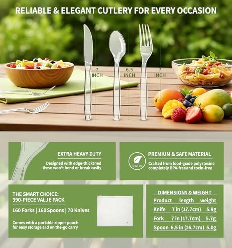 390 Count Extra Heavy Duty Disposable Clear Plastic Silverware,Bulk