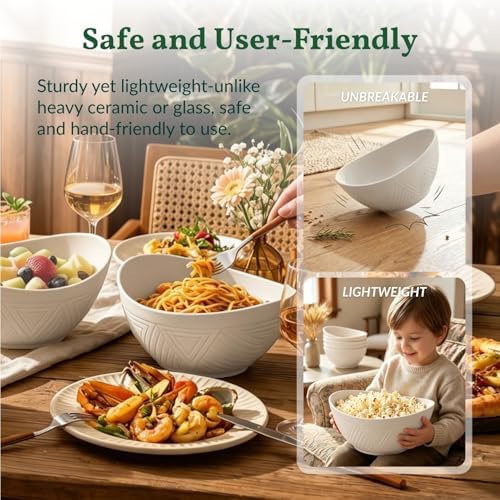Homienly Salad Bowls Set of 6, 60 OZ Large Wheat Straw Bowls for Kitchen, Camping, Party, Unbreakable Lightweight Popcorn Bowl, Microwave and Dishwasher Safe Bowl Set with Unique Texture - Beige