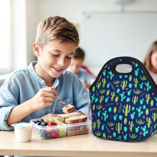 FlowFly Neoprene Lunch Tote Insulated Thermal Reusable Lunch Bag Box for Boys Men with Zipper (Cactus)