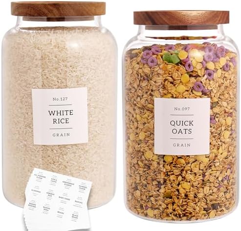 CZHQSMZ Set of 2 Large Glass Jar with Airtight Acacia Lid and 132 Kitchen Pantry Labels, Clear Glass Food Storage Jars Containers for Rice Flour Pasta Sugar Coffee Cookie and More(98 Fl Oz/2800 Ml)
