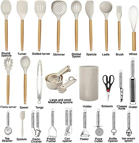 Kitchen Utensils Set- 35 PCs Cooking Utensils with Grater,Tongs, Spoon Spatula &Turner Made of Heat Resistant Food Grade Silicone and Wooden Handles Kitchen Gadgets Tools Set for Nonstick Cookware