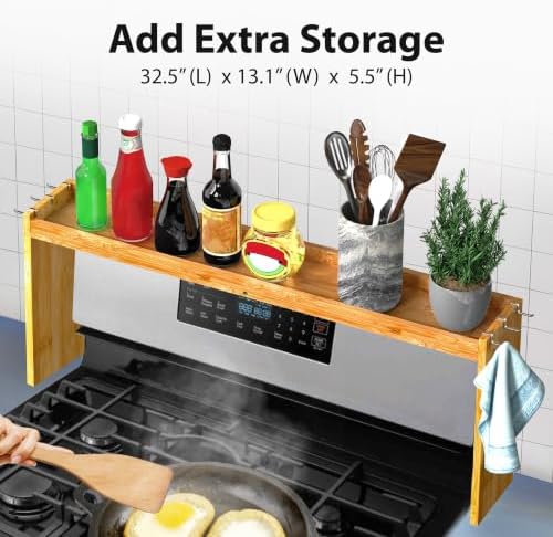 IIIOIIIA Bamboo Over the Stove Spice Shelf for Kitchen, 31.5" Spice Rack Organizer Shelf with 6 hooks, 11.4" Height Extra Storage Countertop, Easy to Assemble