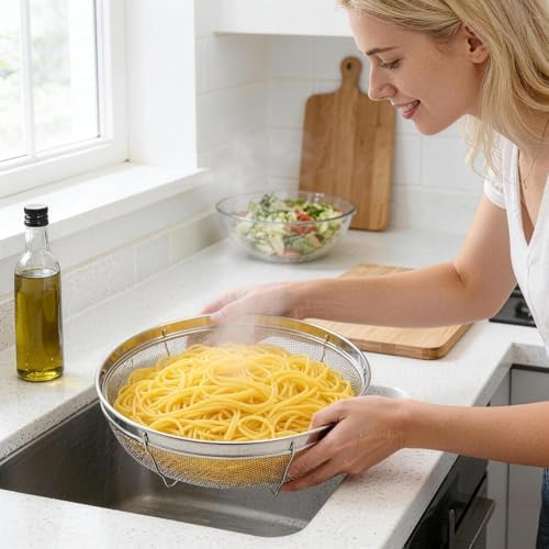 Fine Mesh Strainer for Kitchen, Stainless Steel Colander Bowl for Pasta, Rice, Fruit, Metal Net Baskets with Resting Base - Strain, Drain, Rinse (Diameter 9.84 inch)