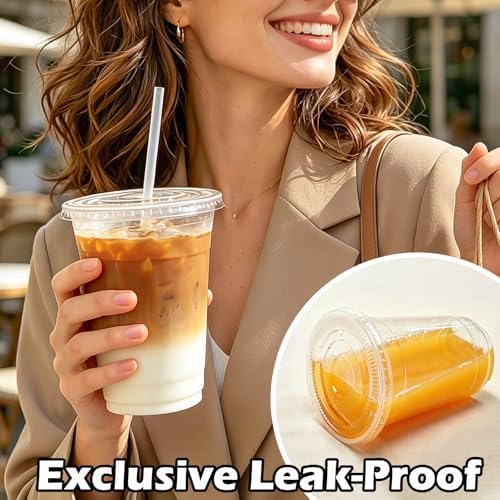 BYSNOW 24 oz 100 Pack Clear Plastic Iced Coffee Cups with Lids Disposable