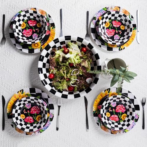 LEHAHA Melamine Large Serving Bowls, Set of 2, Sunflower 13.75" x 2.75" (130 OZ) Pasta and Salad Bowl, Black Plaid Durable for Kitchen, Dishwasher Safe