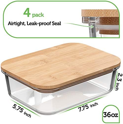 Verel Glass Food Storage Containers with Bamboo Lids (4 Pack, 36 Ounce) Eco Friendly Meal Prep Containers Airtight – Plastic Free, BPA Free