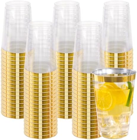 I00000 100 Pack 20 oz Gold Plastic Cups, Elegant Gold Rimmed Plastic Cups, Disposable Cocktail Glasses Wine Glasses, 20 oz Premium Tumblers Perfect for Birthday, Party & Wedding