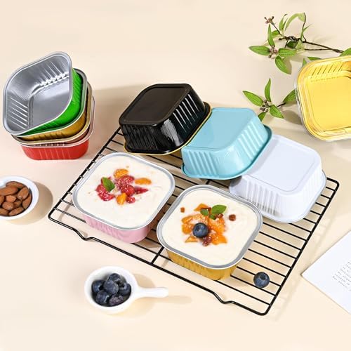 40 Pack Mini Cake Pans with Lids, 5oz Square Aluminum Foil Brownie Baking Cups, Muffin Tin Ramekins, Disposable Dessert Cupcake Cups for Wedding Birthday Party, Gold