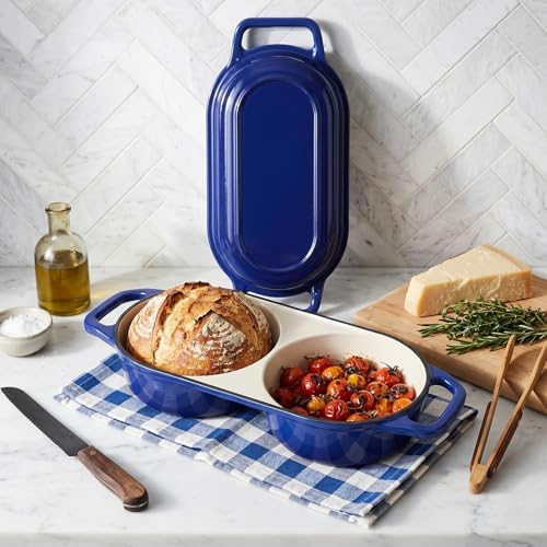 Double Dutch Oven Pot with Lid, 2.2QT Enameled Cast Iron Bread Loaf Pan, Mini Dutch Oven For Sourdough Bread Baking, 500°F Oven Safe Non Stick Dual Round Bread Pan, Bread Oven, 16.5cm Diameter, Blue