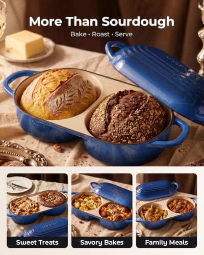 Sourdough Bread Baking Kit with Double Loaf Cast Iron Bread Pan, Blue