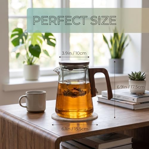 25oz Magnetic Glass Teapot with Removable Infuser, Borosilicate Glass Tea Kettle with Walnut Wood Handle, Loose Leaf Tea Pot for Home Office, Ideal Gift for Tea Lovers