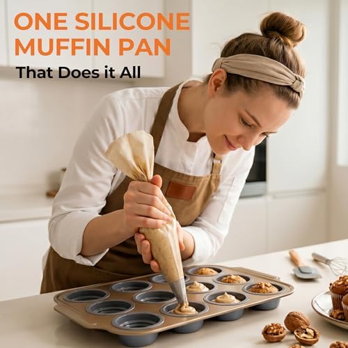 12-Cup Collapsible Silicone Muffin Pan with Metal Frame & Spatula - Space Saving Foldable Cupcake Tray - Easy Release Baking Mold for Egg Bites, Muffins & Tart - Dishwasher Safe Grey