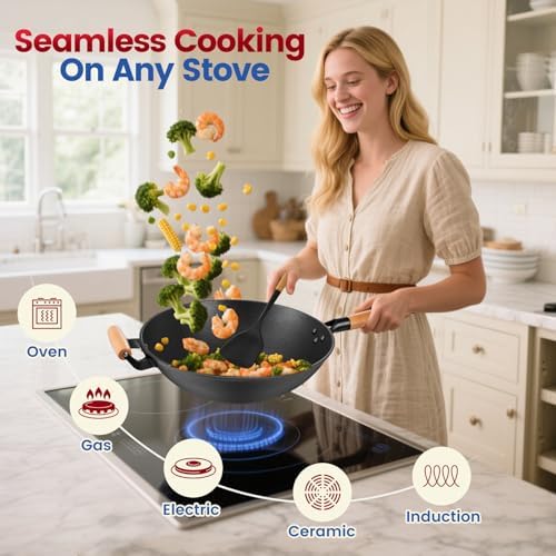 AOSION 13'' Nonstick Wok, Cast Iron Wok with Lid, Wok Pan & Stir-Fry Pans
