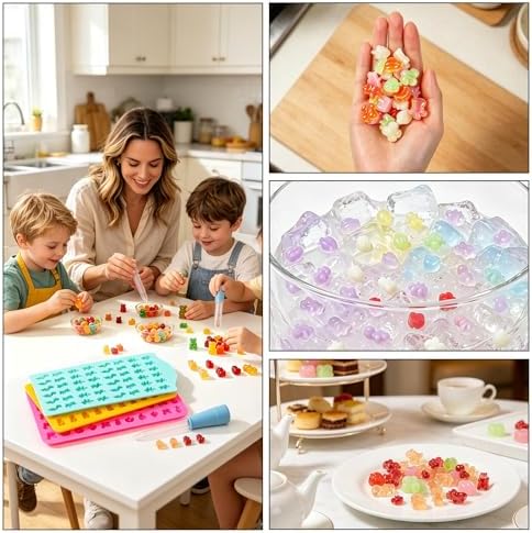 Gummy Candy Molds with 2pcs Droppers, Silicone Bear Dinosaur Fruit Snack Molds, Non-stick Silicone Chocolate Molds for Gummies Candy Chocolate Baking