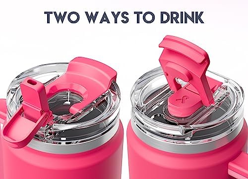 Meoky 32 oz Tumbler with Handle, Insulated Tumbler with Lid and Straw, Stainless Steel Travel Mug, Keeps Cold for 24 Hours, 100% Leak Proof, Fits in Car Cup Holder (Ruby)