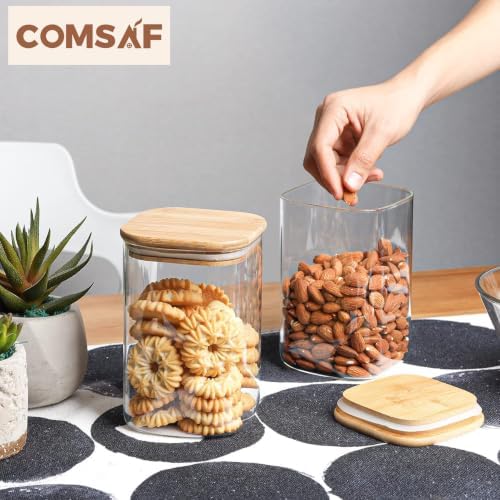 ComSaf Square Glass Containers with Lids 1.2 Qt, Set of 4 Pantry Glass Jars