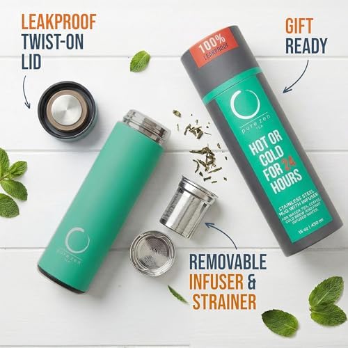 Pure Zen Tea Insulated Tea Infuser Bottle, 15 oz, Tea Thermos with Infuser