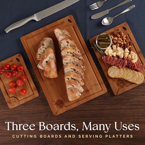 Pre-Oiled, Non Toxic 3-Piece Carbonized Bamboo Cutting Board Set