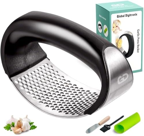 Garlic Press Rocker – Stainless Steel Garlic Mincer, Crusher & Chopper Tool with Peeler, Spatula & Brush – Easy-Press Garlic Press for Mincing Cloves, Ginger & Nuts, Comfortable Ergonomic Handle