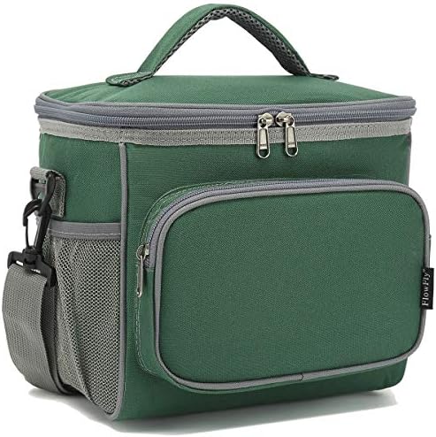 FlowFly Insulated Reusable Lunch Bag Adult Large Lunch Box for Women and Men with Adjustable Shoulder Strap,Front Zipper Pocket and Dual Large Mesh Side Pockets,ArmyGreen
