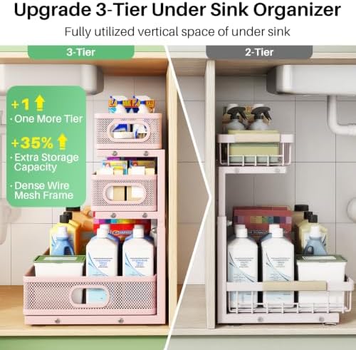 Kitstorack Under Sink Organizer, 1-Pack 3-Tier Height Adjustable Thickened Metal Pull out Cabinet Organizer Shelf, Slide out Storage Drawer Rack for Bathroom Kitchen Pantry Home Organization, Pink