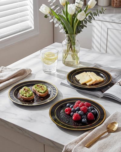 bUCLA 200PCS Black and Gold Plastic Plates - 6.25inch Black with Gold Rim Disposable Dessert/Salad/Appetizer/Small Cake Plates - Ideal for Party & New Year