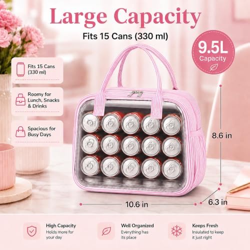 CAMTOP Lunch Box for Women Men Insulated Lunch Bag Lunch Tote Bag Leakproof Thermal Cooler Large Capacity for Travel Work School Picnic (Pink Stripe, Medium)