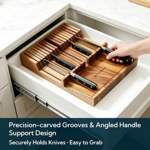 KITCHENDAO Acacia Wood In-Drawer Knife Block for 16 Knives & Sharpening Rod