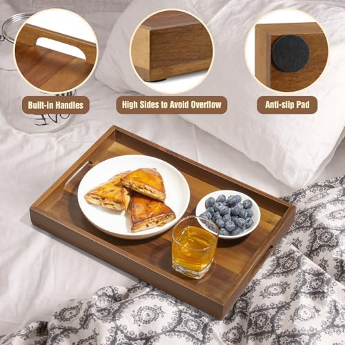 15 Inch Acacia Wood Serving Tray with Handles - Wooden Tray for Ottoman, Breakfast in Bed, Dinner, Coffee Table - Decorative Rectangular Tray for Living Room Bedroom Entryway and Kitchen