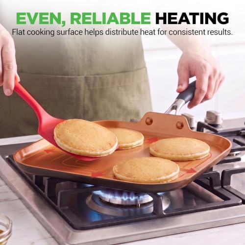 NutriChef Copper Pan Non-Stick Coating Inside, Hard-Anodized Look Heat Resistant Lacquer Outside, Silicone Handle NCSQPA, 1 Griddle