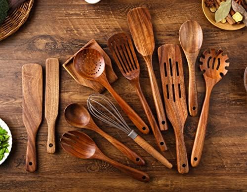 Kitchen Utensils Set, NAYAHOSE 12 Pcs Teak Wooden Cooking Spoons Spatula Spurtles Kit with Spoon Rest Whisk, Non-stick Natural Kitchen Tools