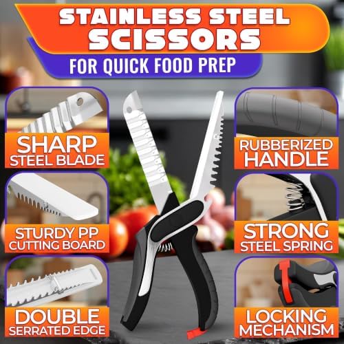 7-in-1 Cutting Board Scissors for Food with Ribbed Blades & Chopping Board