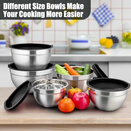 P&P CHEF Metal Mixing Bowls with Lids Set, Airtight Lids & Black